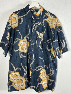 Splatt Mens Floral Resort Shirt Large Blue Yellow Cotton Lawn Short Sleeve